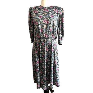 Vintage Floral Midi Dress Sz 16 (XL) Womens by Tabby Bright Green Purple 3/4 Sle